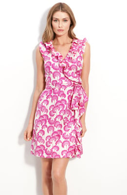 A different sort of Asian-inspired flower adorns this pretty wrap dress.