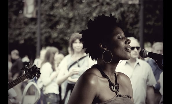 "Daysahead" is from the National Gallery of Art's summer jazz series.  The photographer says the July 10 concert was the first he'd ever attended at the sculpture garden.  As the Georgia-based jazz duo Daysahead performed, Oh snapped photos, stopping near