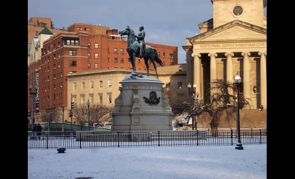 A snow-covered Thomas Circle looks lovely.