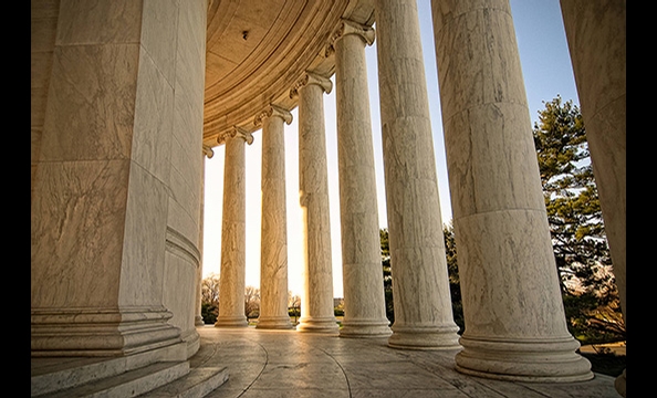 "Dawn's Early Light" was captured on an early morning photo walk when the photographer wandered away from his group and saw the sun peeking through the columns near one of the Jefferson Memorial's side entrances.  "We'd been there for two hours, and that 