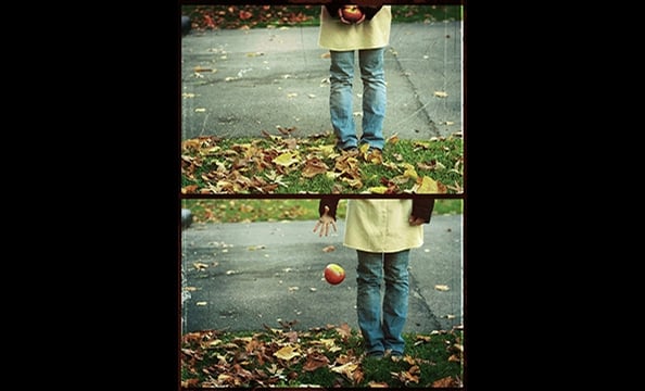 "Apples Away" is by 16-year-old Elise Benjamin.  Her entry was the first photo series to ever win Washingtonian's photo contest.  The pictures are self-portraits.  Using the timer on her Canon Digital Rebel XTi, Benjamin posed and shot the sequence until 