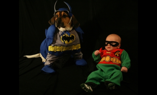Meet three-year-old Batman, Edgar, a Beagle mix, and his sidekick, nine-week-old Evan Vivari, as Robin.