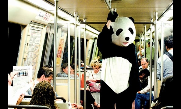 Arlington resident Walter Grio convinced a friend to don a panda costume for this shot taken on an Orange Line Metro train. The giant bear hardly fazed commuters. - Washingtonian
