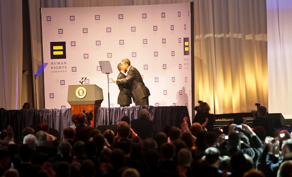 HRC President Joe Solmonese greets President Obama.
