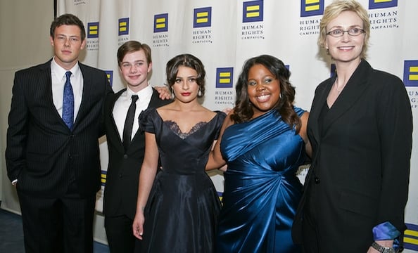 The cast of Fox's Glee Cory Monteith, Chris Colfer, Lea Michele, Amber Riley and Jane Lynch.