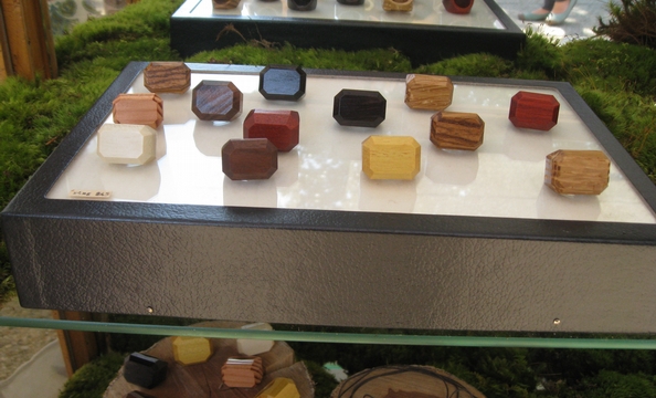Geometric wooden cocktail rings from Something's Hiding In Here.