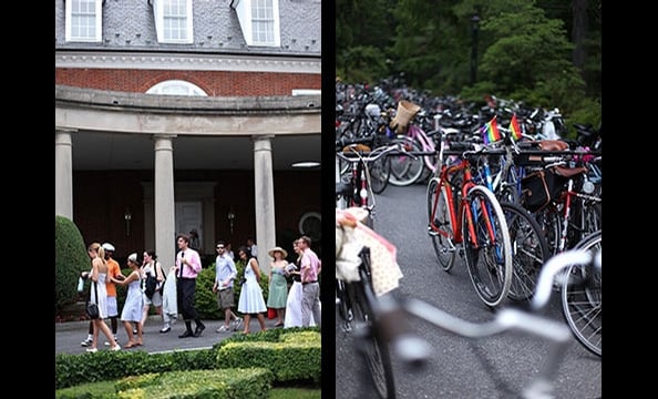 Leaving their bikes behind, riders enter the mansion after a leisurely ride through Rock Creek Park.  