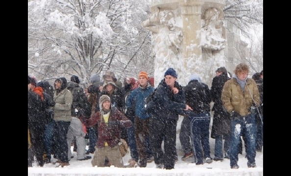 Snowball fighters lined up in Dupont Circle on Saturday, February 6.