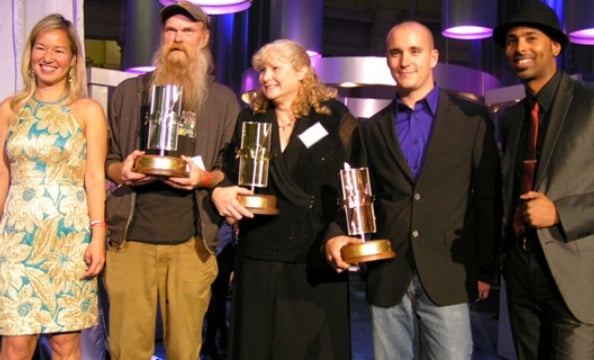 MCs and Winners (from left to right): Philippa P.B. Hughes, Thomas D. Fesperman (2nd place), Kathryn J. Beale (1st place), Bryan Lawson (3rd place), and Adrian Loving.