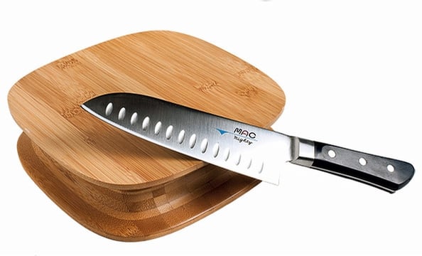 Patrick Jouin’s Chop bamboo cutting board has a grooved side so you can sweep minced items onto a plate. Alessi, $70 to $100. The Mac Santoku Knife is a chef favorite. Hill's Kitchen, $120. 
