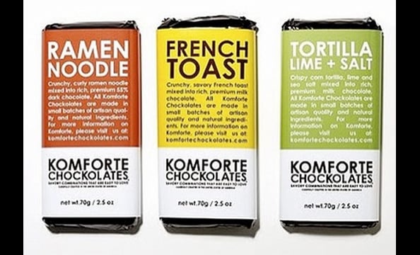 Ramen Noodle chocolate? Sounds too cooky to taste terrible, especially to the adventurous eater.  Komforte Chockolates Bars, $3.49 each. 