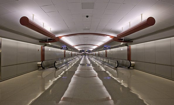 An empty moving walkway at Dulles Airport.  