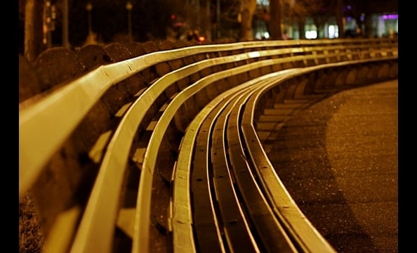 "The circular bench in Dupont Circle looks like electric stripes under the night lights," writes the photographer.