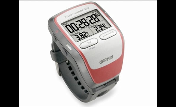 Use the Garmin Forerunner 305 to monitor heart rate, speed, distance, and time during workouts. The watch uses GPS to track distances accurately and can store up to 200 workouts. A chest strap is included to monitor heart rate. Hook the watch up to a comp