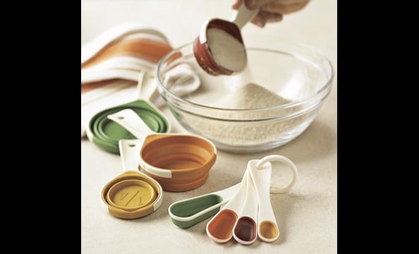 These rubber utensils are easy to clean and read, can be quickly stored together, and even come in Thanksgiving colors.  Fall collapsible measuring cups and spoons, $19.95.  