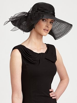 A black hat is anything but basic with sheer fabric and a side bow.