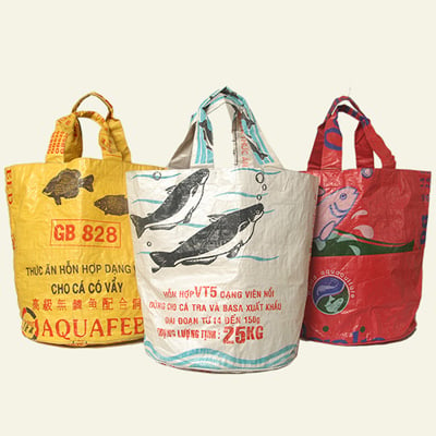 The material is 100 percent recycled from Southeast Asian rice and feed bags.