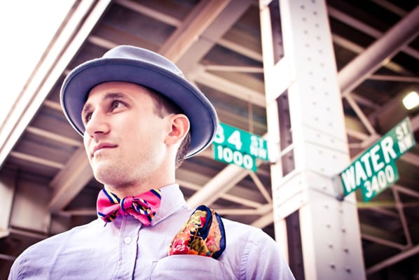 Lavender shirt and felt hat from Federal, bow tie from Accoutre, and vintage pocket square from It’s Vintage Darling.