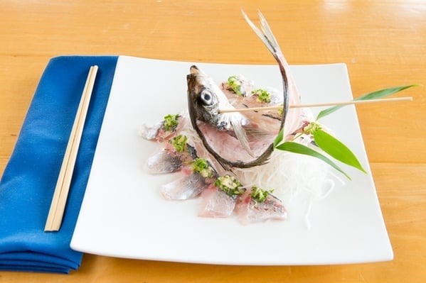 At Columbia’s Sushi Sono, a whole aji (horse mackerel) is deep-fried with salt and served as sushi or sashimi. Photograph by Andrew Propp.