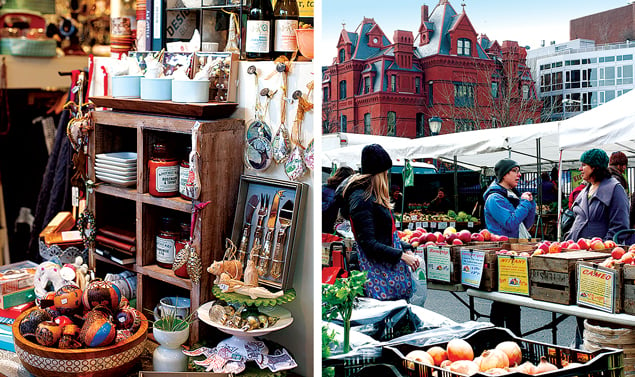 (Left) Top off the day at Proper Topper, a gift shop whose selection goes far beyond hats; (Right) another is the Sunday farmers market, a favorite among local chefs. Photographs by Hong Le.