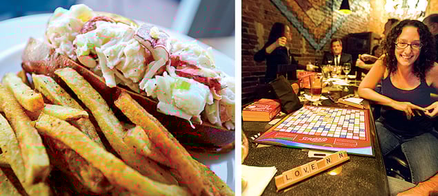 (Left) Hank’s Oyster Bar makes one of the best lobster rolls in town; (Right) have fun playing games at the Board Room. Photograph of Board Room courtesy of Elizabeth Lindsay; lobster roll by Daniel Swartz.