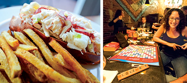 (Left) Hank’s Oyster Bar makes one of the best lobster rolls in town; (Right) have fun playing games at the Board Room. Photograph of Board Room courtesy of Elizabeth Lindsay; lobster roll by Daniel Swartz.