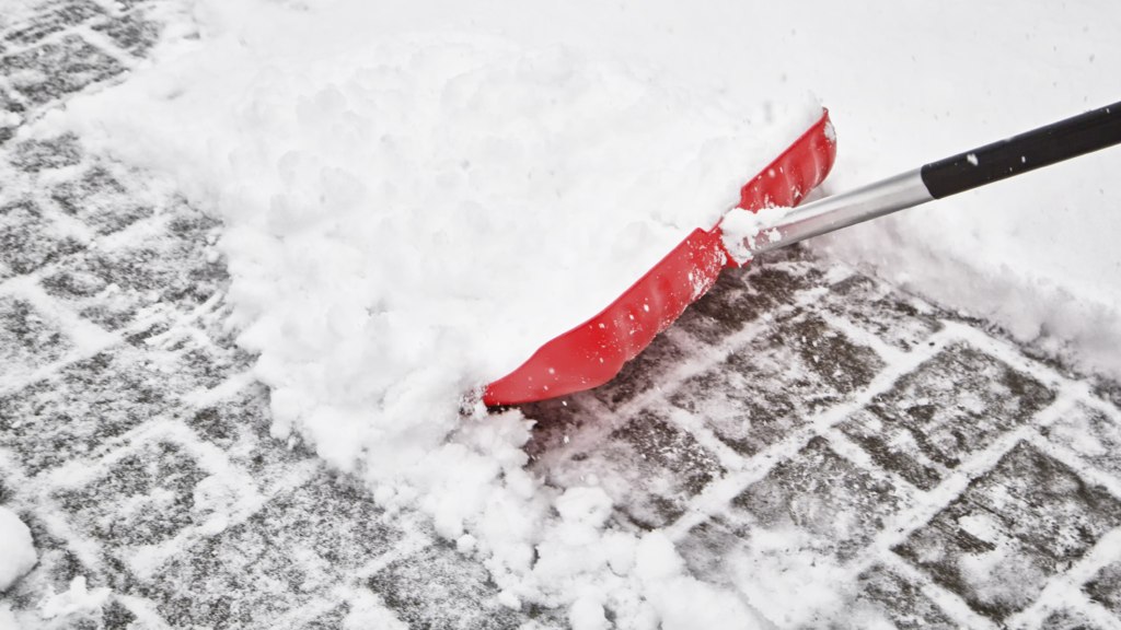 A red shovel in the snow.