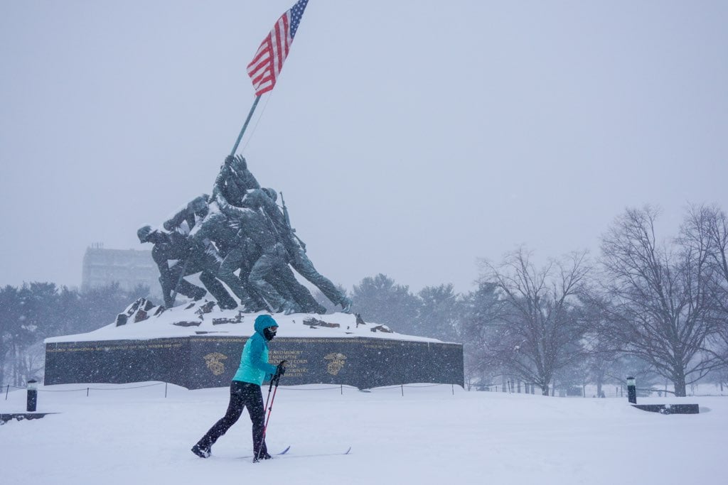 A cross country skier at the Iwo Jima memorial. Photograph courtesy of Benjamin Wiles. 