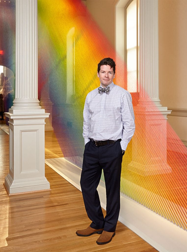 Nicholas-Bell - Washingtonian Nicholas Bell, with Gabriel Dawe's "Plexus A1," has proved crafts can draw crowds. Photograph by Jeff Elkins.