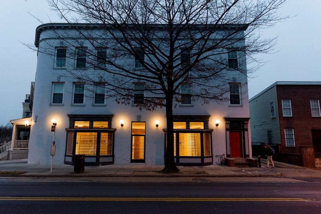 View of the Sept Carres art installation from the street. Photograph by Andrew Propp.