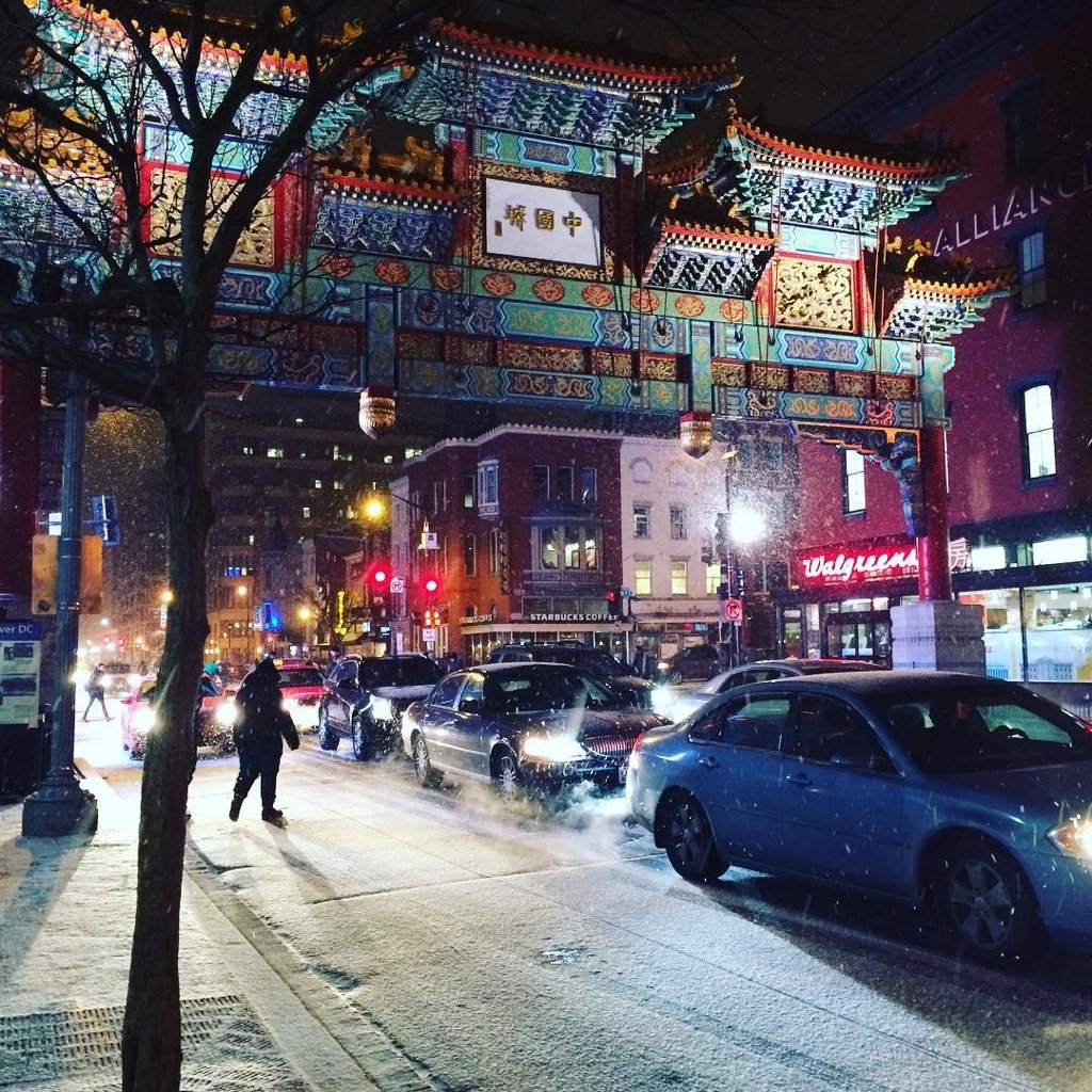 Snow falling in Chinatown. Photograph by Alexandra Loscalzo. 