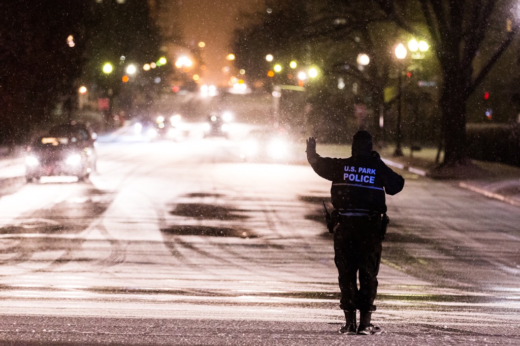 U.S. Park Police help guide traffic in Washington, DC. Traffic was bad in many parts of the area. Photograph by Harrison Jones.