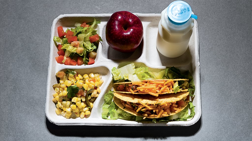 DC cafeteria meals: Turkey tacos with corn salsa and green salad, apple, and milk. Photograph by Andrew Propp.