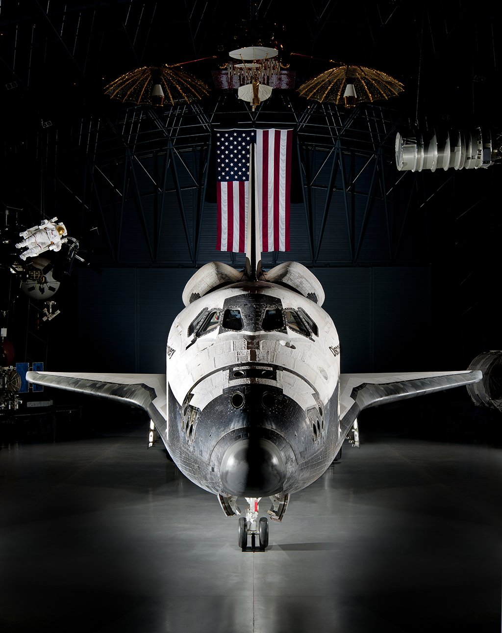 The space shuttle Discovery at the National Air and Space Museum Steven F. Udvar-Hazy Center. Photograph by Dane Penland/National Air and Space Museum.