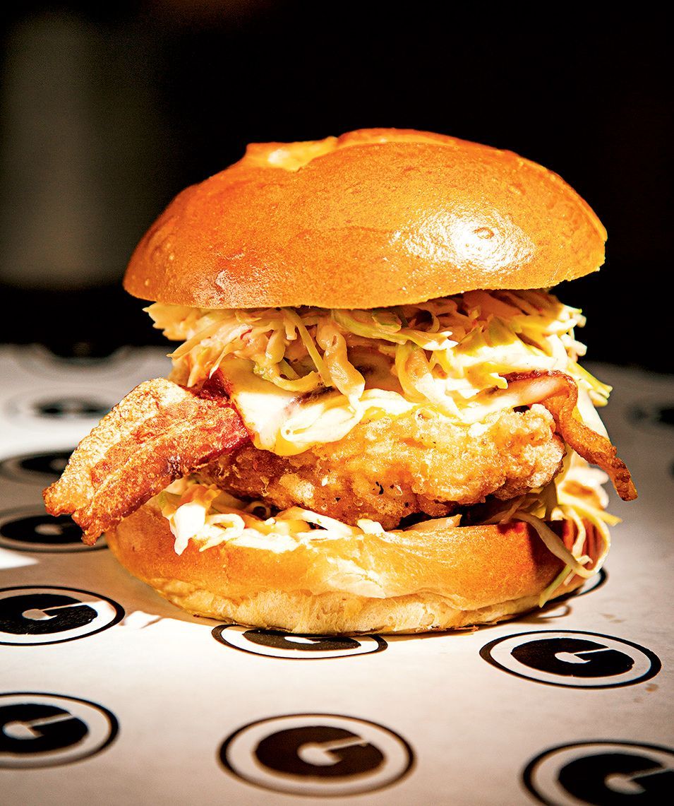 G by Mike Isabella often has guest chefs deem up sandwiches. This one, a Kim-fil-A--a mess of fried chicken, bacon, and fermented-chili slaw--was created by Jonah Kim. Photograph by Scott Suchman.