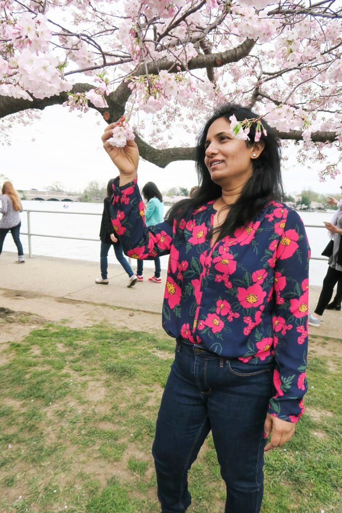 Deepa Juna's poppy-print blouse is just festive enough for peak bloom.