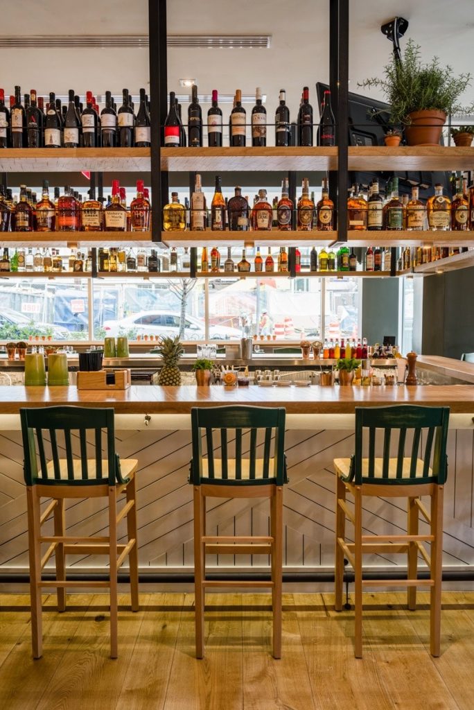 A 24-seat bar is the place to sip Israeli wines or Greek beer. 
