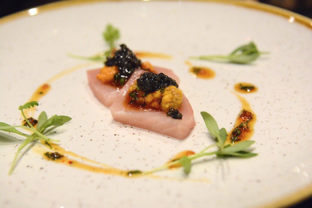 Hamachi crudo with uni and caviar.