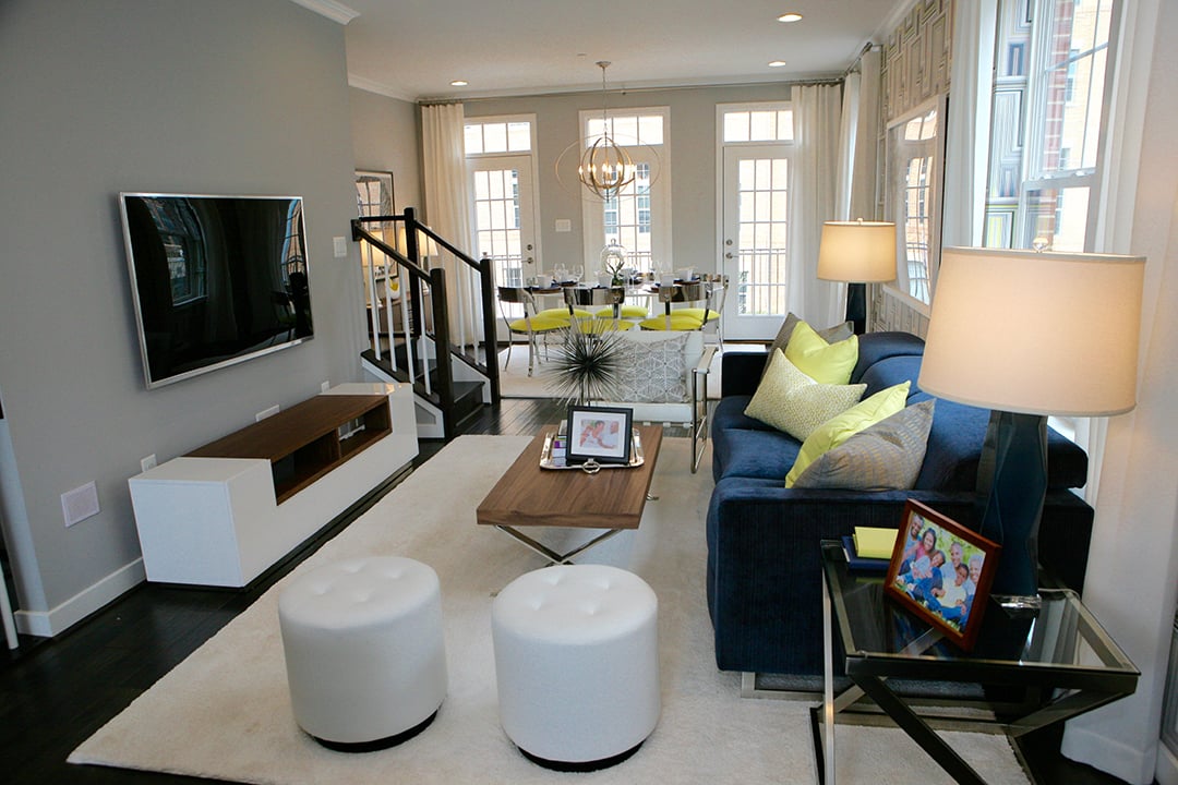 This spacious living room is on the same floor as the kitchen. 