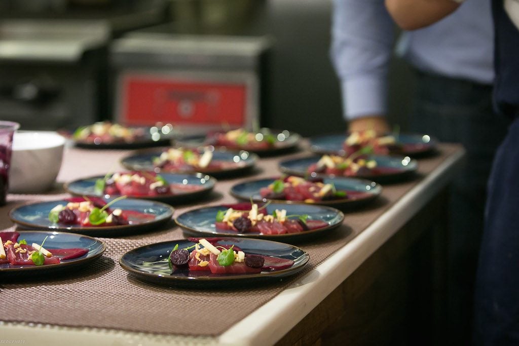 Tuna sashimi with beats, apples and a tuffle vinaigrette Mess Hall Pop-up Photo Credit Ronald Flores - Washingtonian Tuna sashimi with beats, apples and a tuffle vinaigrette from a Gravitas pop-up at Mess Hall. Photograph by Ronald Flores