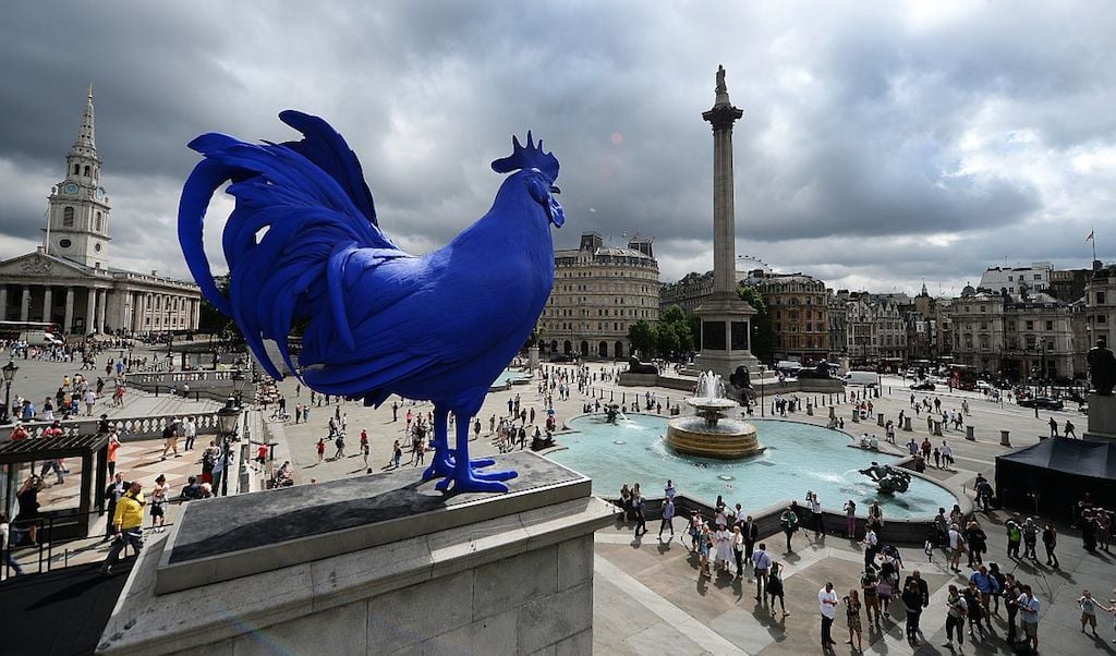 Katharina Fritsch's "Hahn/Cock" on display in London. It will be part of the National Gallery's rooftop garden beginning in July. Photo by EPA/ANDY RAIN.