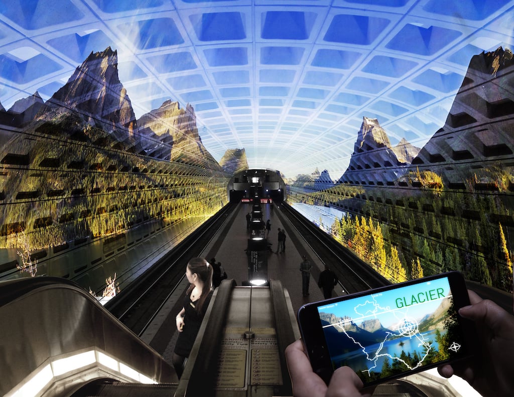05262016-metroparks-memorial - Washingtonian "American Wild: A Memorial" projects video of national parks in Metro stations.