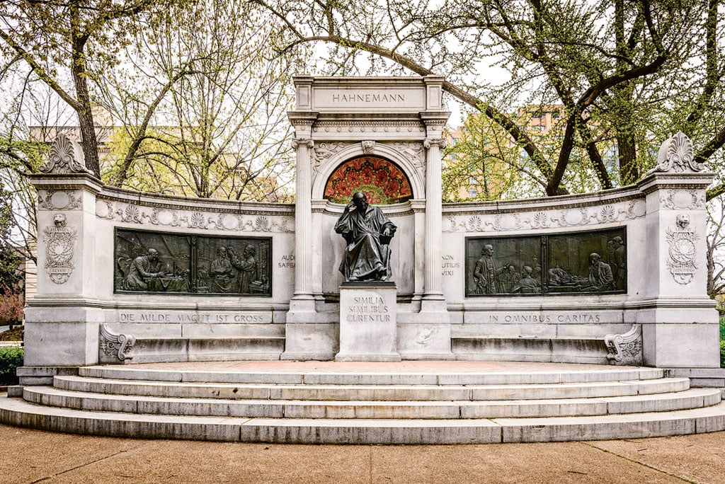 interesting-dc-memorials_sameul-hahnemann-founder-of-homeopathy - Washingtonian DC Memorials. The Samuel Hahnemann statue near Scott Circle. Photograph by Mark Summerfield/Alamy.
