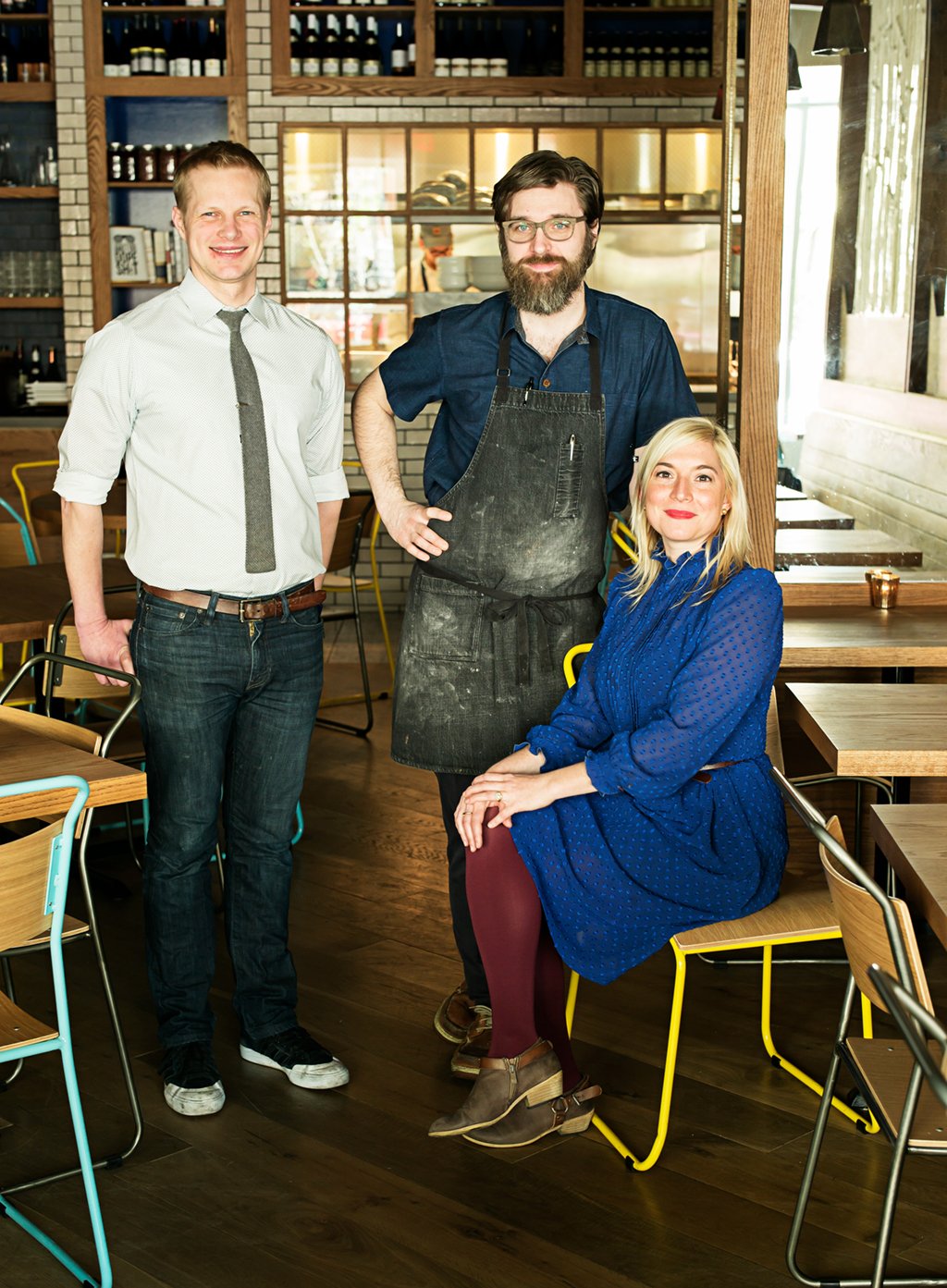 Left to right, Tail Up Goat owners: Bill Jensen, owner and beverage director; Jon Sybert, owner and chef; Jill Tyler, owner and service director. Photograph by Scott Suchman.