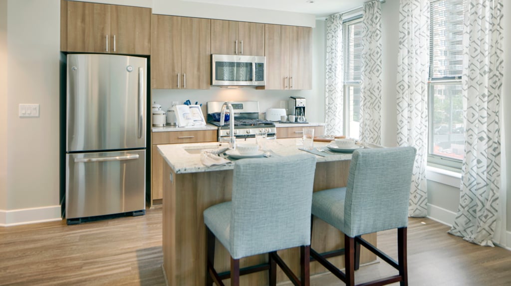 Kitchens in the units have a "West Elm-inspired" design, Vornado says.