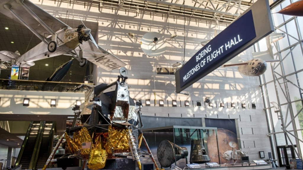 The Apollo Lunar Module displayed as a centerpiece below the “Spirit of St. Louis” in the newly renovated Boeing Milestones of Flight Hall. Photograph by Mark Avino/Smithsonian’s National Air and Space Museum.