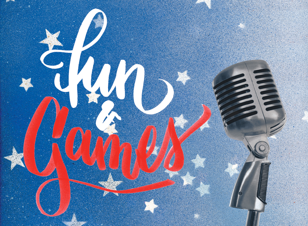 best-of-washington_fun-and-games - Washingtonian Best of Washington. Typography and flag pattern by Brian Kaspr; photograph of microphone by Heungman Kwan/Getty Images.