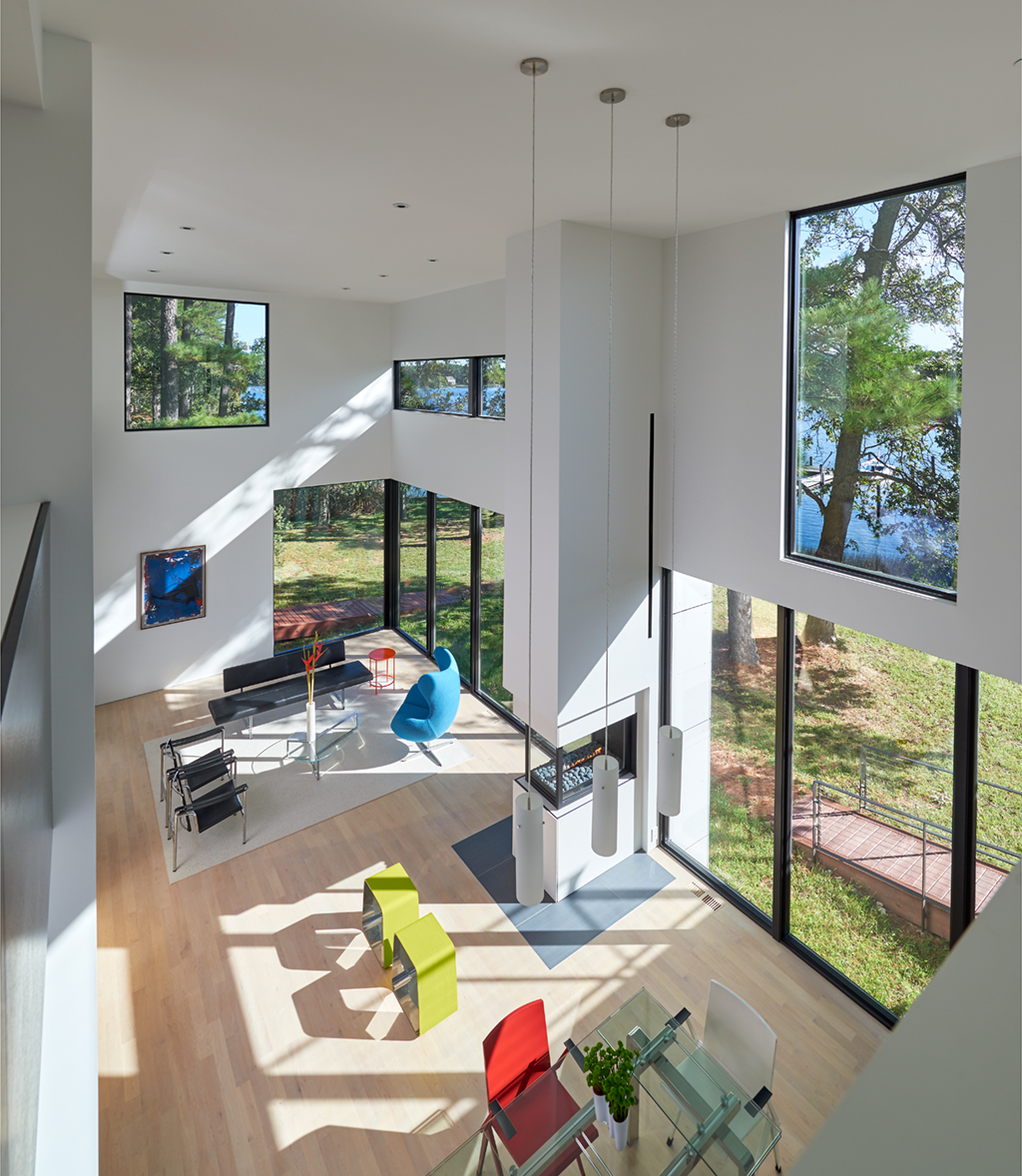 waterfront-eastern-shore-home-living-area-aerial - Washingtonian DC Home Redesign: Gurney relied on light and space–not fussy finishes–to create drama. Photograph by Anice Hoachlander/Hoachlander Davis Photography.