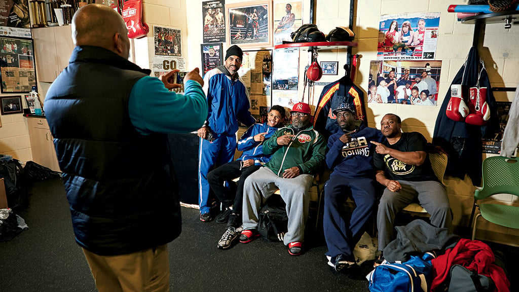 Pictured, left to right: Michael Johnson, taking photo, Jeff “Steady” Johnson, Shakur Stevenson, Porter, Koroma, and Atiba Marshall. All photographs by Noah Willman.