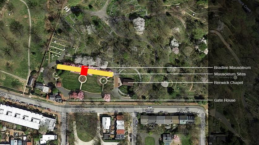 An aerial shot of Oak Hill indicating the wall of mausolea in yellow. Photo courtesy of the Cultural Landscape Foundation.